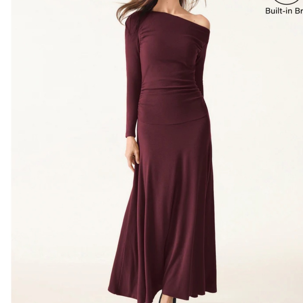 OGL LiteWarm Asymmetrical Shoulder Side Ruched Ankled Maxi Dress - Ruby